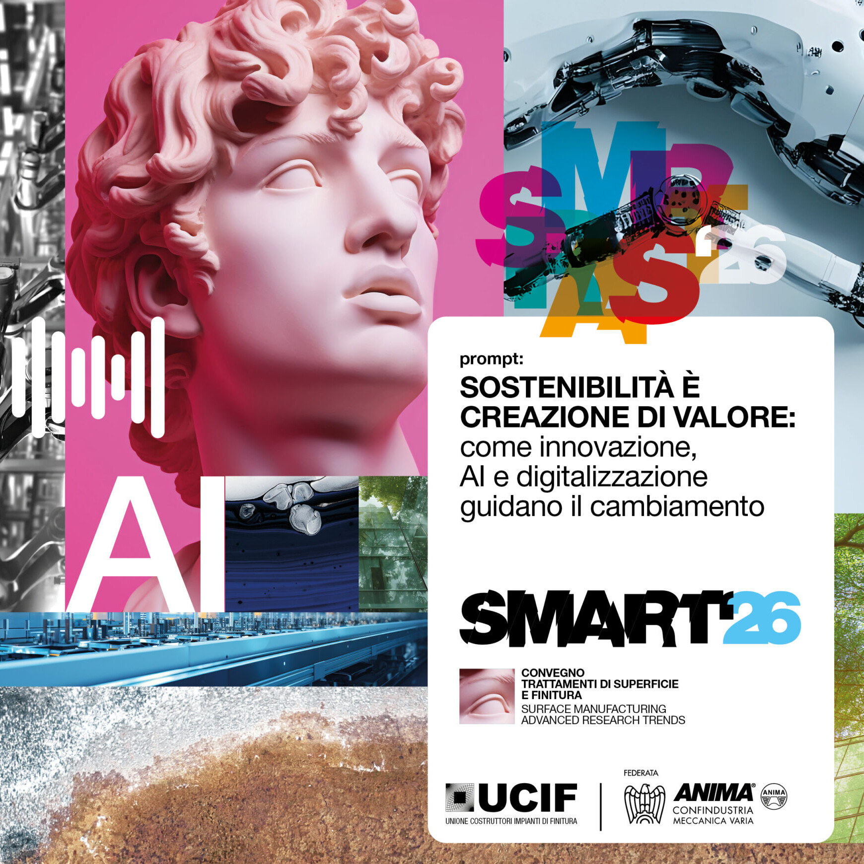 collage di immagini industry, paesaggi naturali e testa di David di colore rosa per rappresentare il convegno SMART26