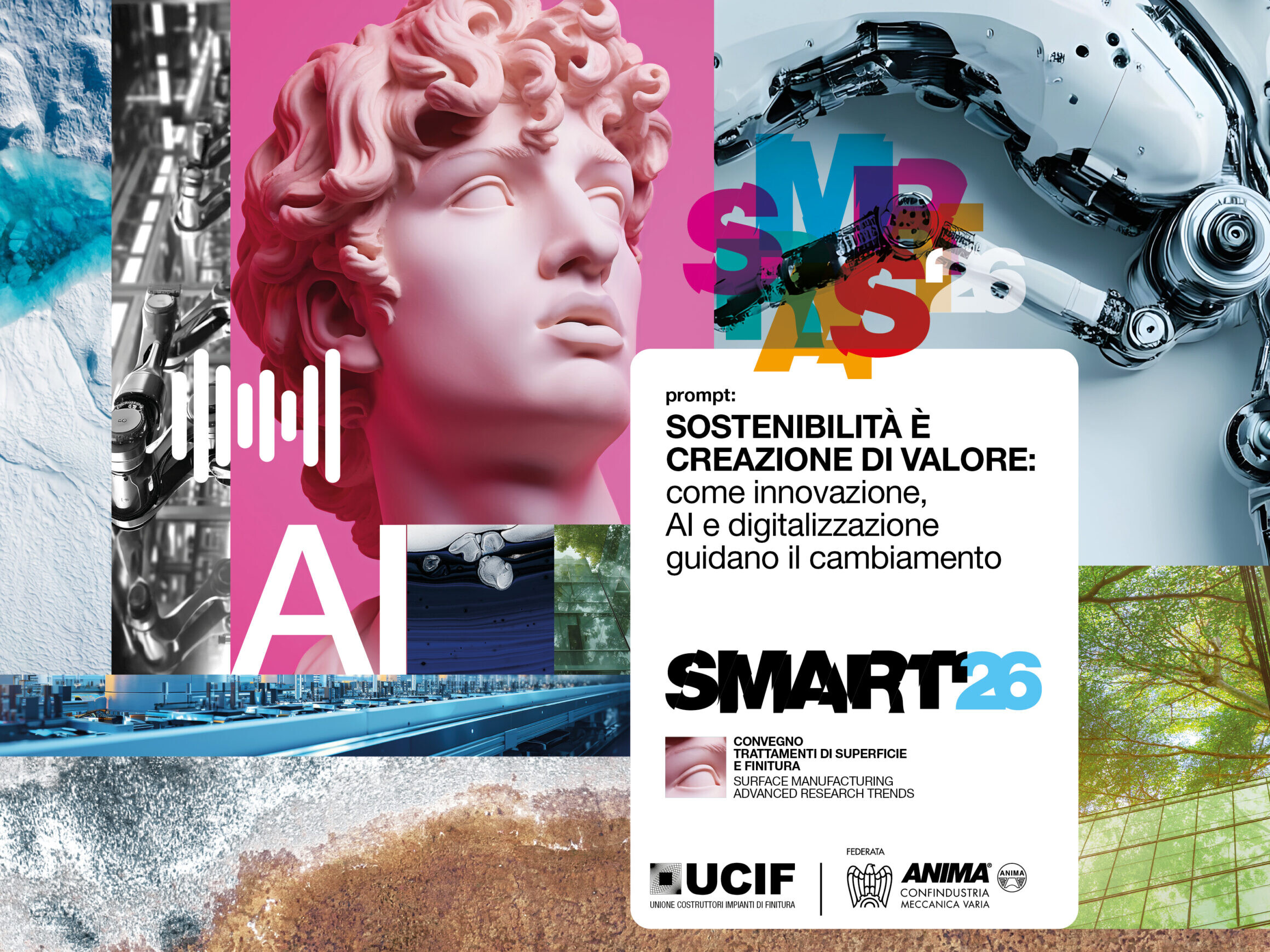 collage di immagini industry, paesaggi naturali e testa di David di colore rosa per rappresentare il convegno SMART26