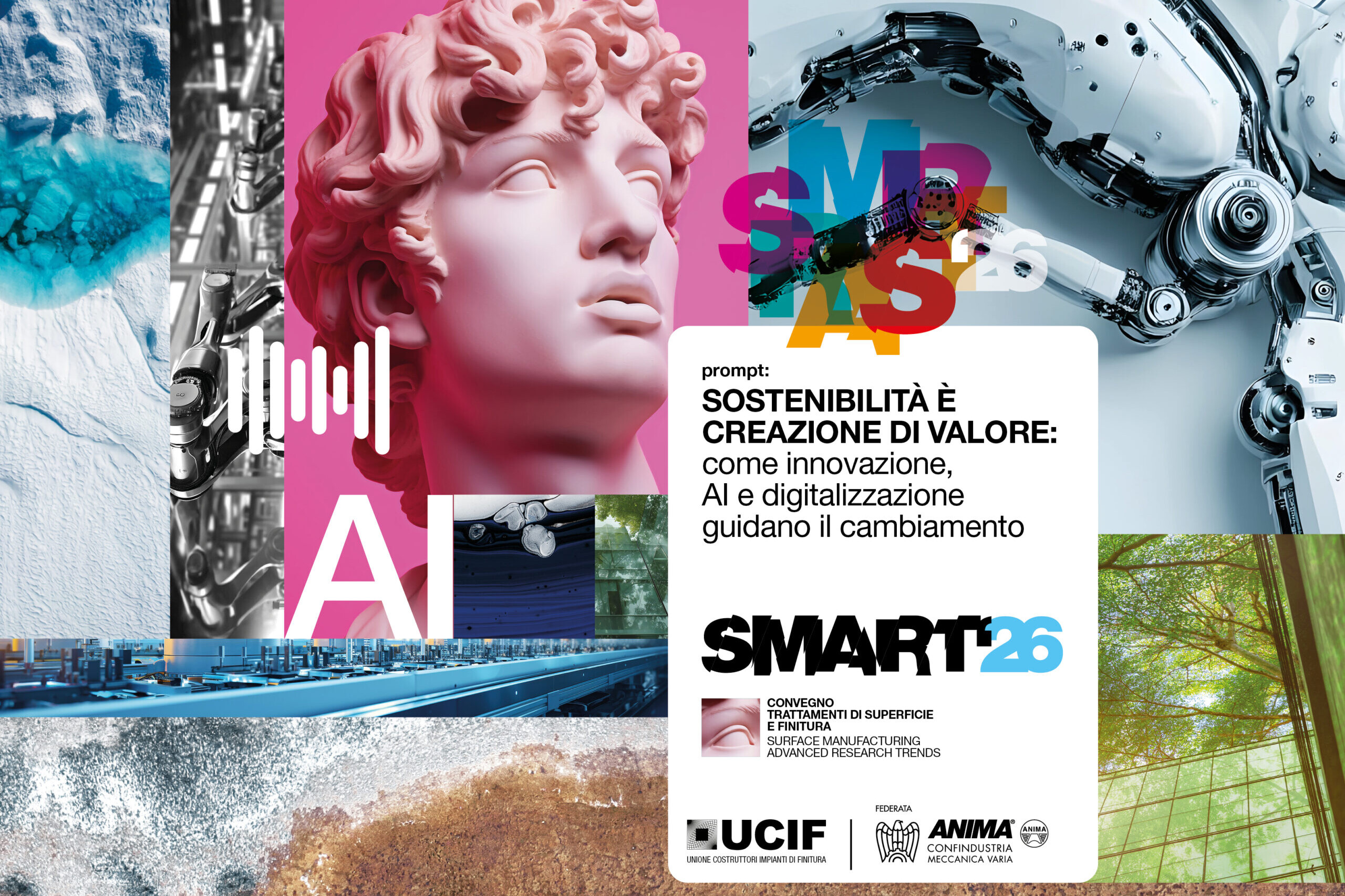 collage di immagini industry, paesaggi naturali e testa di David di colore rosa per rappresentare il convegno SMART26