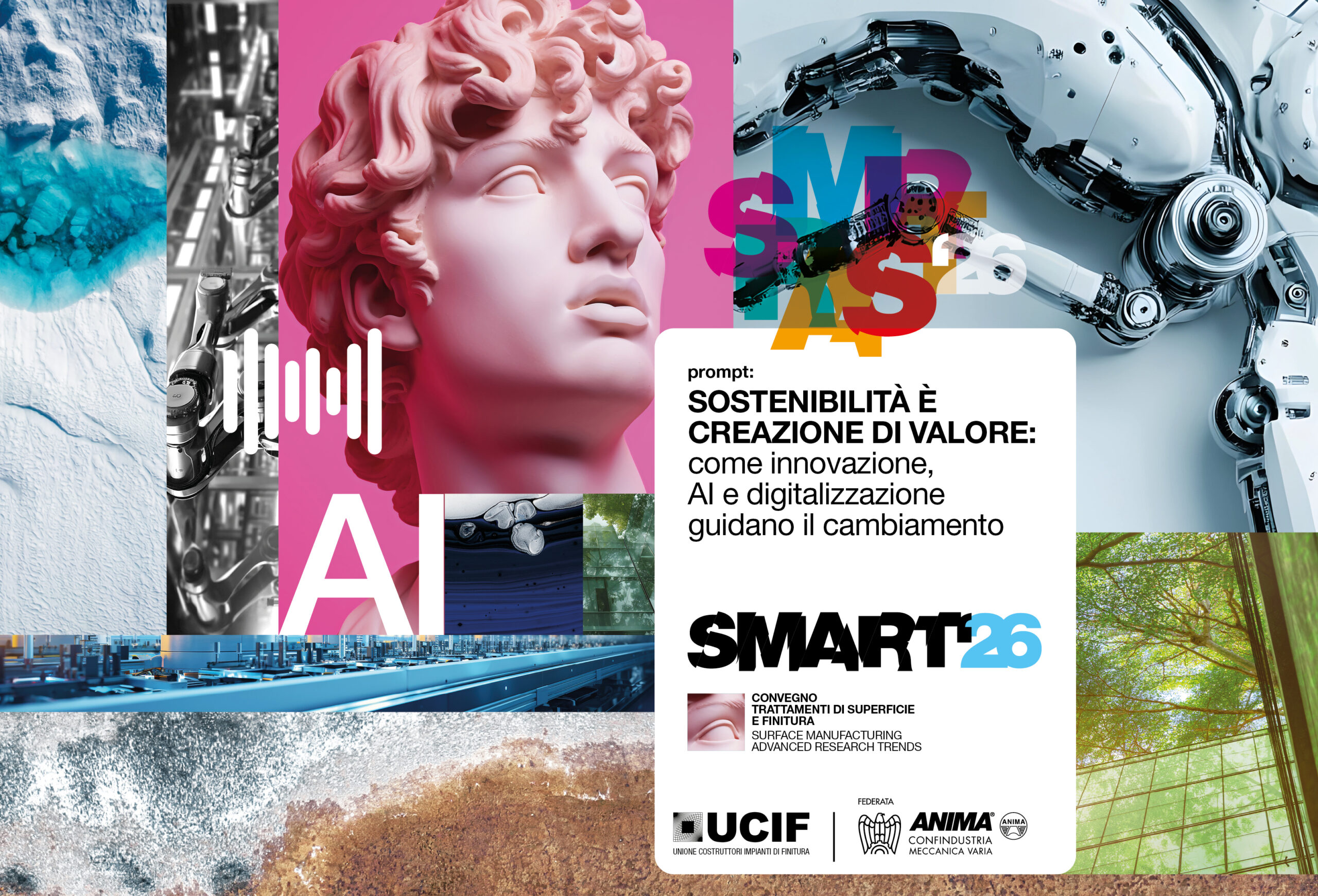 collage di immagini industry, paesaggi naturali e testa di David di colore rosa per rappresentare il convegno SMART26