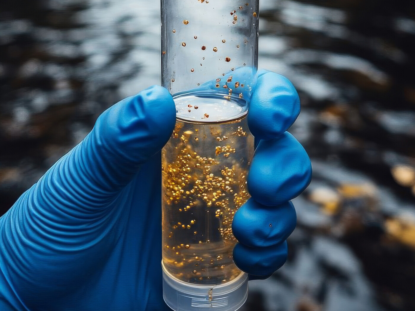 mano con cuanto e provetta che analizza l'acqua di un torrente naturale